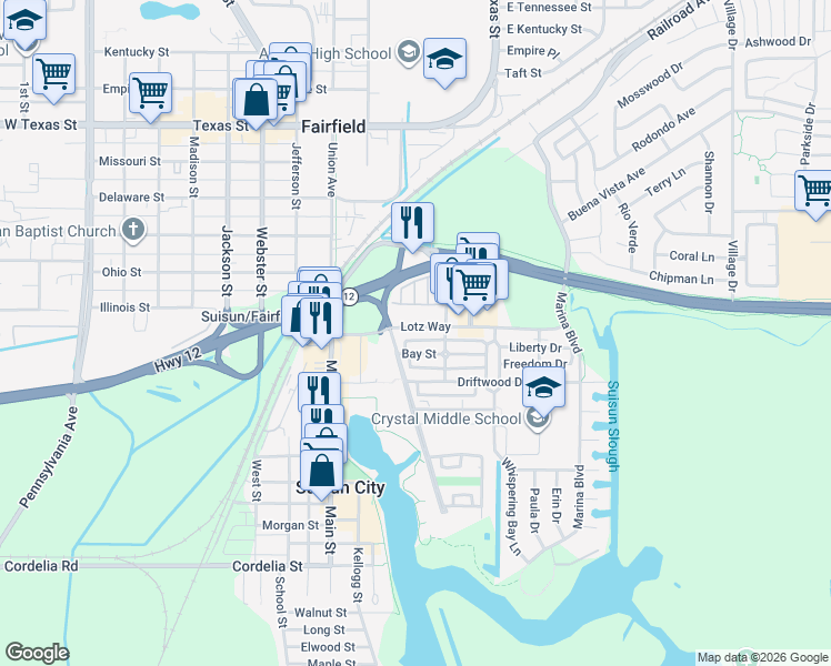 map of restaurants, bars, coffee shops, grocery stores, and more near 720 Bay Street in Suisun City