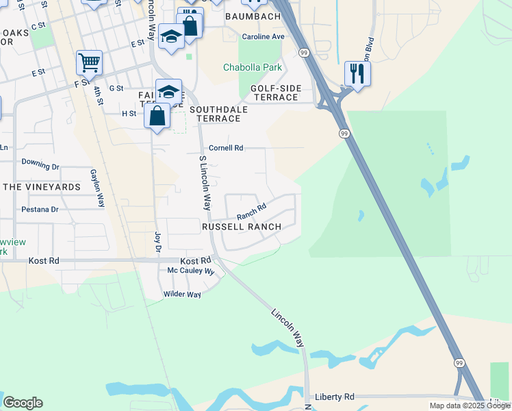 map of restaurants, bars, coffee shops, grocery stores, and more near 943 Ranch Road in Galt
