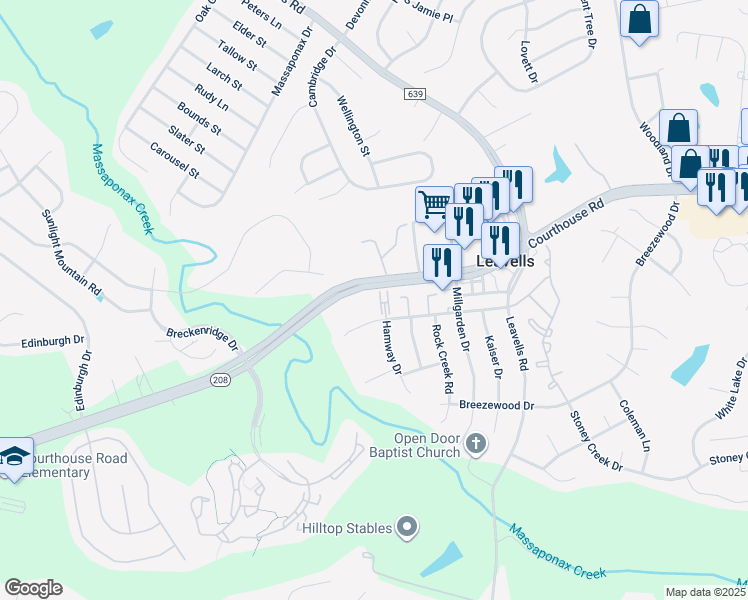 map of restaurants, bars, coffee shops, grocery stores, and more near 2217 Hamway Drive in Fredericksburg