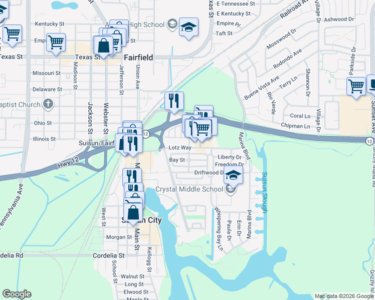 map of restaurants, bars, coffee shops, grocery stores, and more near 743 Lotz Way in Suisun City