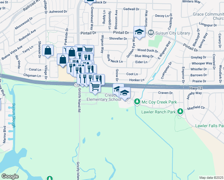 map of restaurants, bars, coffee shops, grocery stores, and more near 1121 Anderson Drive in Suisun City