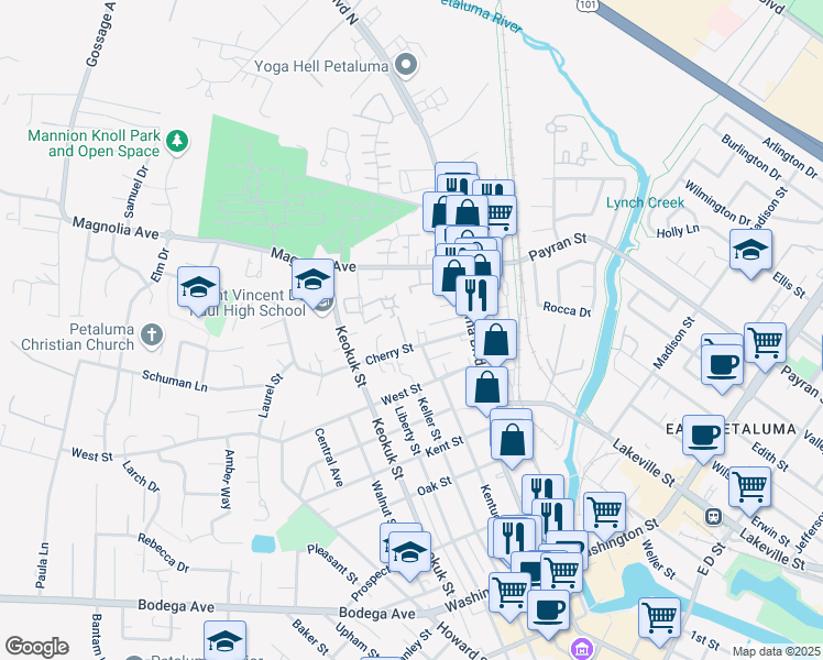 map of restaurants, bars, coffee shops, grocery stores, and more near 31 Cherry Street in Petaluma