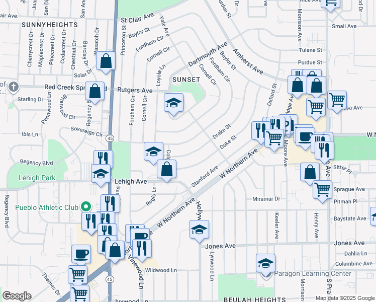 map of restaurants, bars, coffee shops, grocery stores, and more near 76 Drake Street in Pueblo