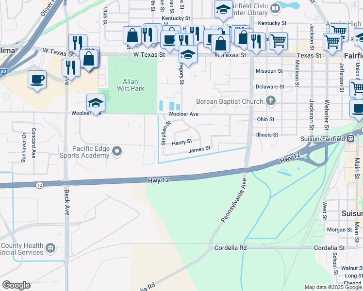 map of restaurants, bars, coffee shops, grocery stores, and more near 1548 James Street in Fairfield