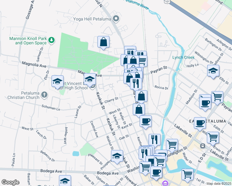 map of restaurants, bars, coffee shops, grocery stores, and more near 152 Cherry Street in Petaluma
