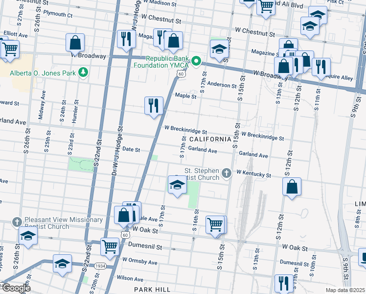 map of restaurants, bars, coffee shops, grocery stores, and more near South 17th Street in Louisville