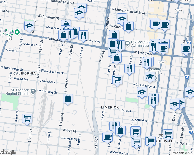 map of restaurants, bars, coffee shops, grocery stores, and more near West Breckinridge Street in Louisville