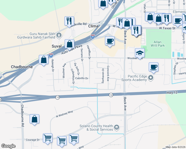 map of restaurants, bars, coffee shops, grocery stores, and more near 2134 Sunhaven Court in Fairfield