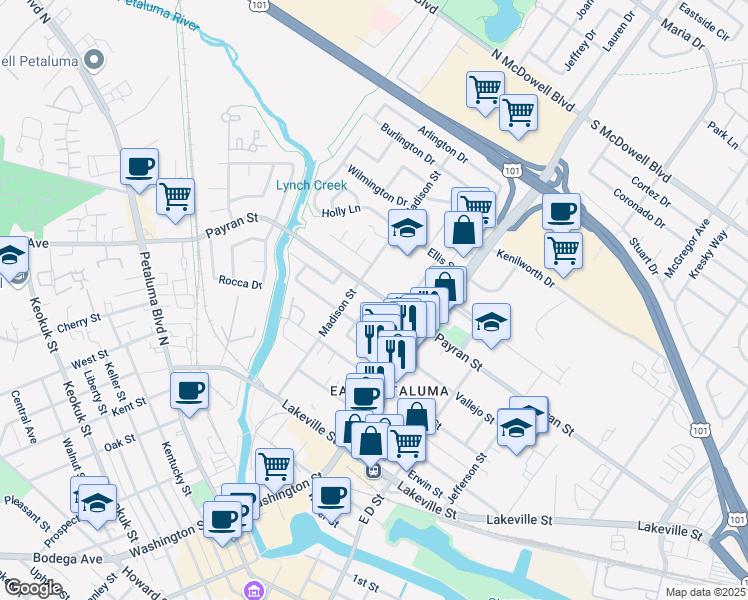 map of restaurants, bars, coffee shops, grocery stores, and more near 3 Averye Way in Petaluma