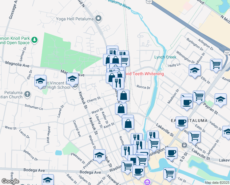 map of restaurants, bars, coffee shops, grocery stores, and more near 709 Petaluma Boulevard South in Petaluma