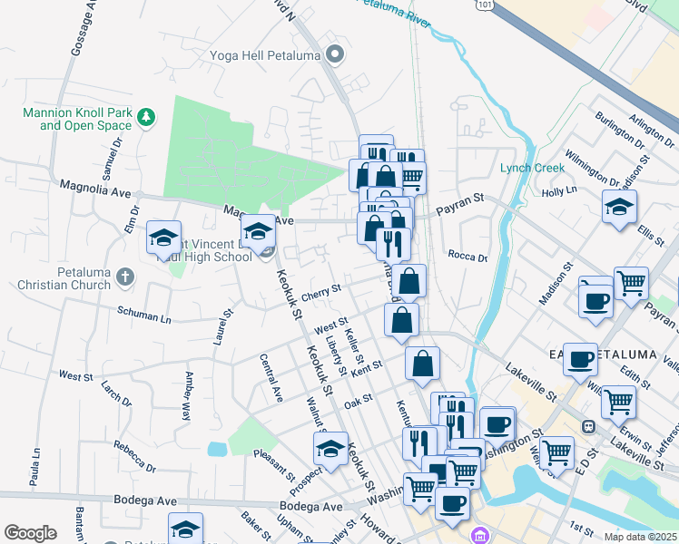 map of restaurants, bars, coffee shops, grocery stores, and more near 31 Cherry Street in Petaluma