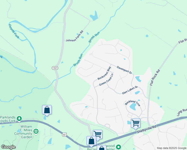 map of restaurants, bars, coffee shops, grocery stores, and more near 416 Rockcrest Way in Louisville