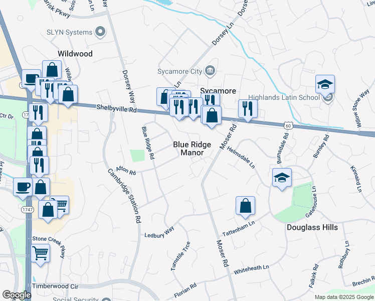 map of restaurants, bars, coffee shops, grocery stores, and more near in Blue Ridge Manor