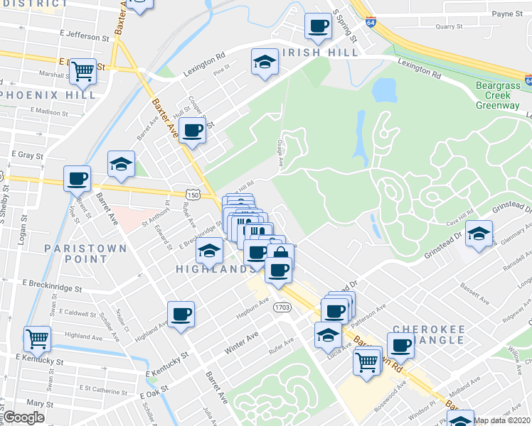 map of restaurants, bars, coffee shops, grocery stores, and more near 933 Cherokee Road in Louisville