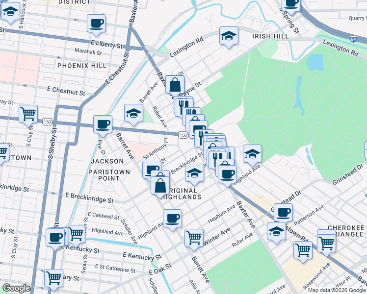 map of restaurants, bars, coffee shops, grocery stores, and more near 1507 East Breckinridge Street in Louisville
