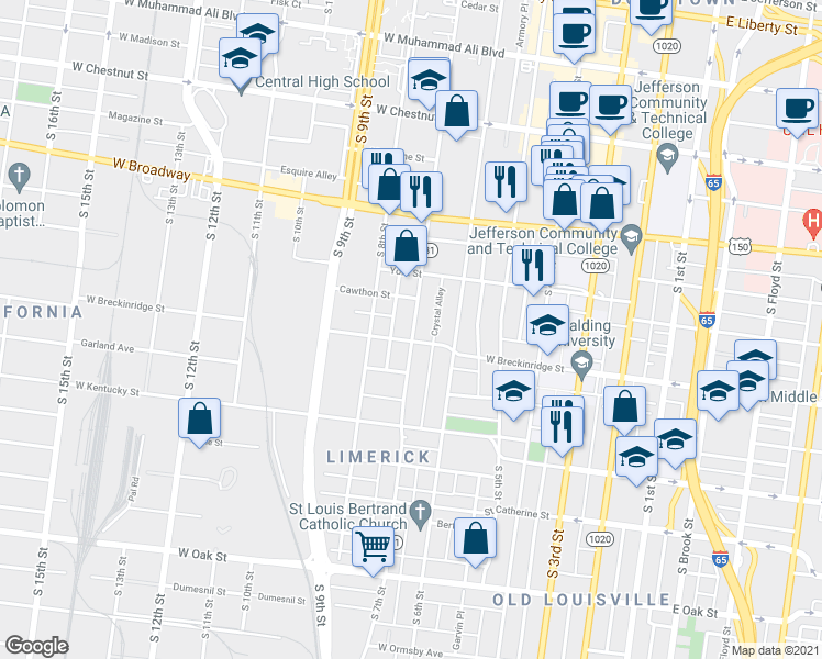 map of restaurants, bars, coffee shops, grocery stores, and more near in Louisville