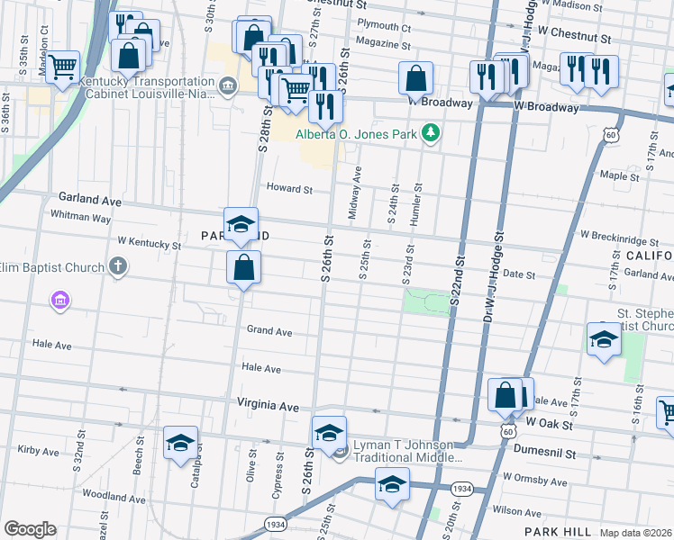 map of restaurants, bars, coffee shops, grocery stores, and more near 925 South 26th Street in Louisville