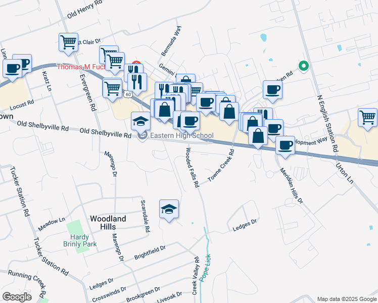 map of restaurants, bars, coffee shops, grocery stores, and more near 12504 Townepark Way in Louisville