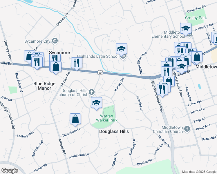 map of restaurants, bars, coffee shops, grocery stores, and more near 317 Charlestown Court in Douglass Hills