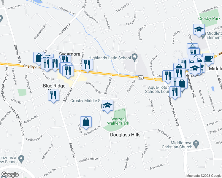 map of restaurants, bars, coffee shops, grocery stores, and more near 200 Charlestown Court in Douglass Hills