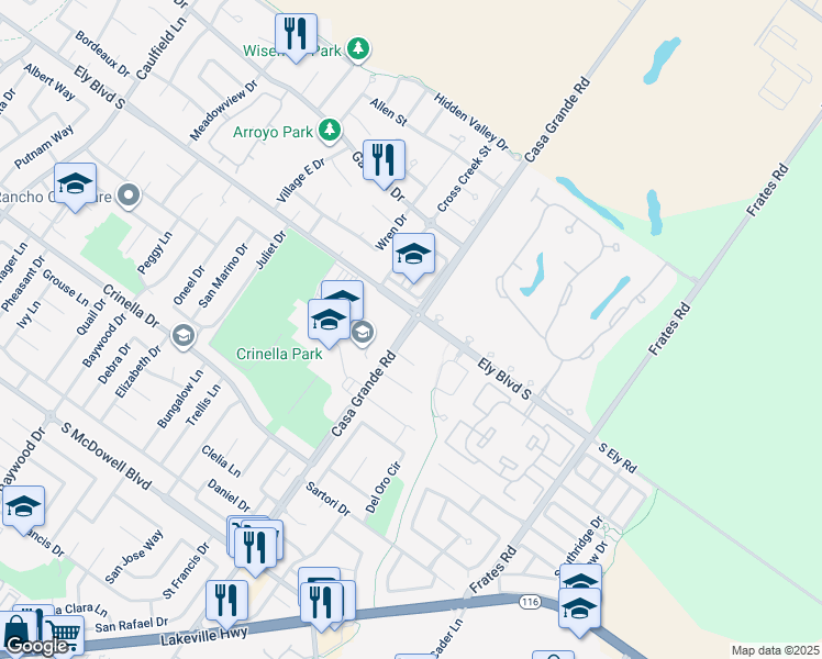 map of restaurants, bars, coffee shops, grocery stores, and more near Casa Grande Road in Petaluma