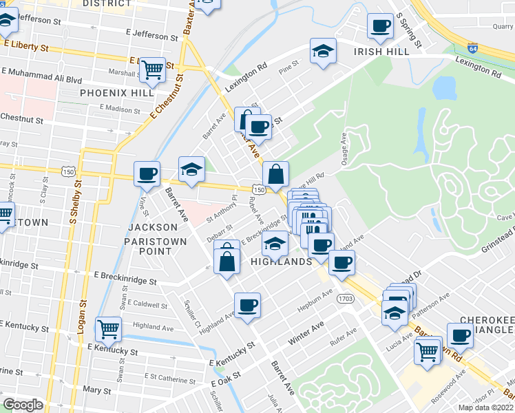 map of restaurants, bars, coffee shops, grocery stores, and more near 805 Rubel Avenue in Louisville