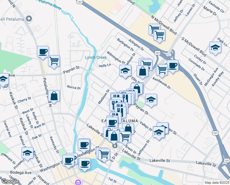 map of restaurants, bars, coffee shops, grocery stores, and more near 3 Averye Way in Petaluma