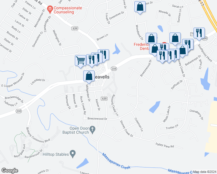 map of restaurants, bars, coffee shops, grocery stores, and more near 10493 Tall Timber Lane in Fredericksburg