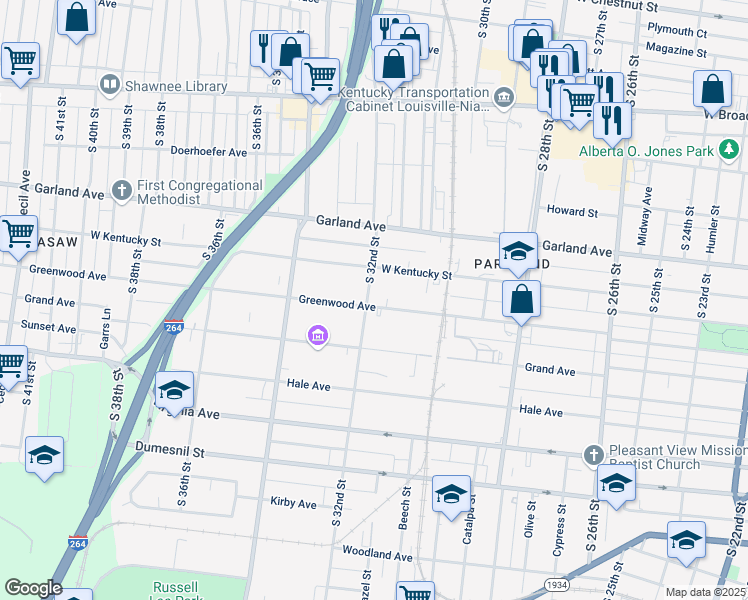 map of restaurants, bars, coffee shops, grocery stores, and more near 3125 Greenwood Avenue in Louisville