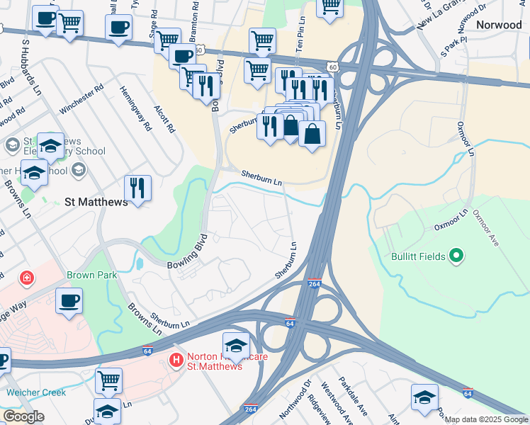 map of restaurants, bars, coffee shops, grocery stores, and more near 7000 Mallgate Place in Saint Matthews