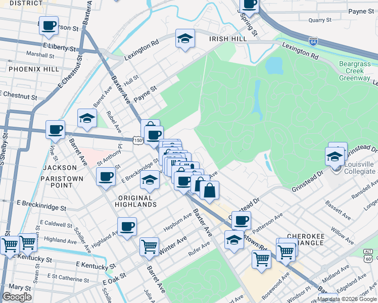 map of restaurants, bars, coffee shops, grocery stores, and more near 933 Cherokee Road in Louisville