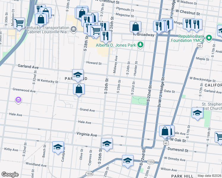 map of restaurants, bars, coffee shops, grocery stores, and more near 2534 West Kentucky Street in Louisville