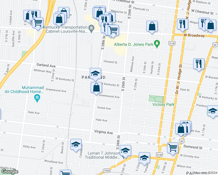 map of restaurants, bars, coffee shops, grocery stores, and more near 2625 Greenwood Avenue in Louisville
