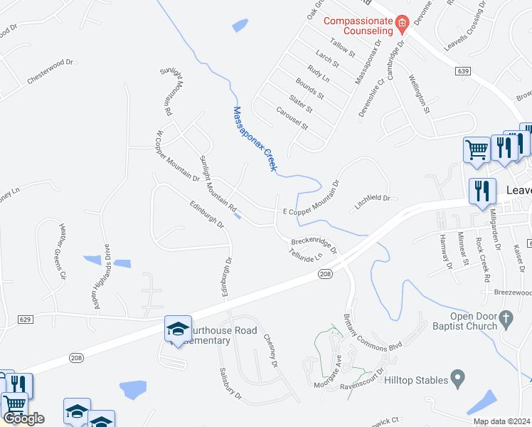 map of restaurants, bars, coffee shops, grocery stores, and more near 5902 West Copper Mountain Drive in Spotsylvania