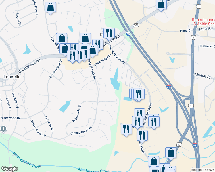 map of restaurants, bars, coffee shops, grocery stores, and more near 5121 Pecan Drive in Fredericksburg