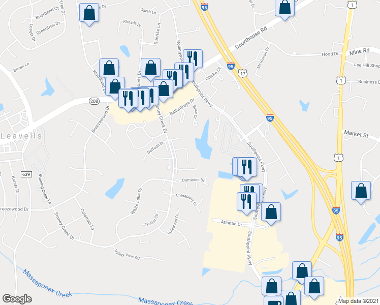 map of restaurants, bars, coffee shops, grocery stores, and more near 5121 Pecan Drive in Fredericksburg