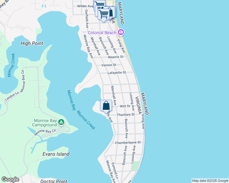 map of restaurants, bars, coffee shops, grocery stores, and more near 622 Marshall Avenue in Colonial Beach
