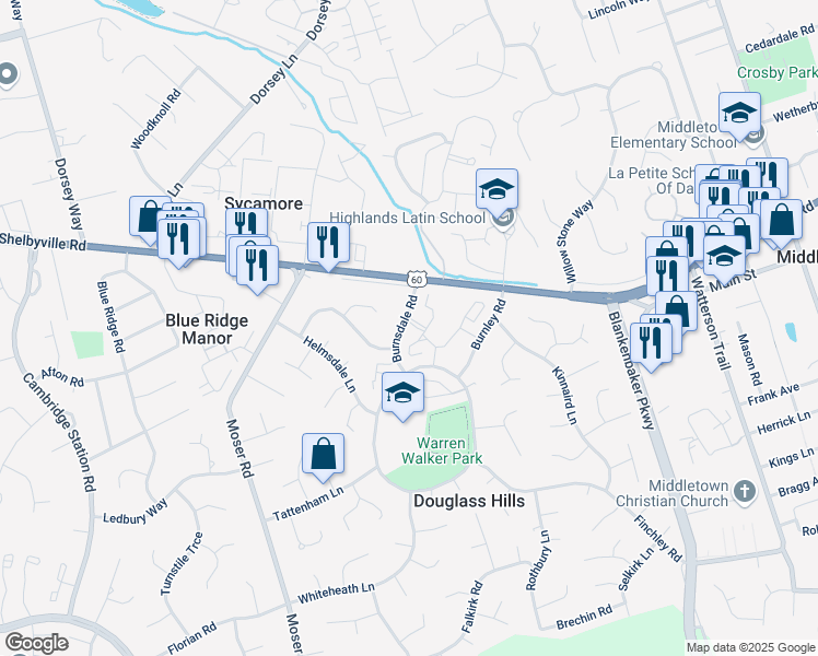 map of restaurants, bars, coffee shops, grocery stores, and more near 223 Burnsdale Road in Douglass Hills
