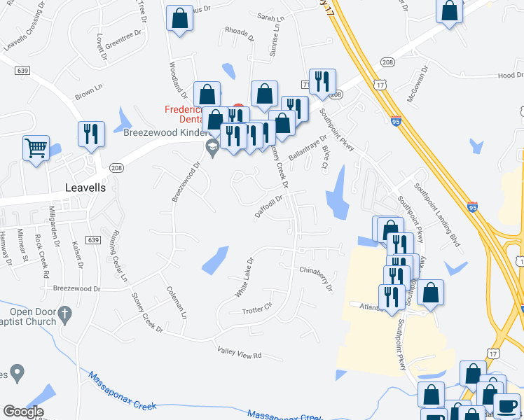 map of restaurants, bars, coffee shops, grocery stores, and more near 5298 Magnolia Place in Fredericksburg