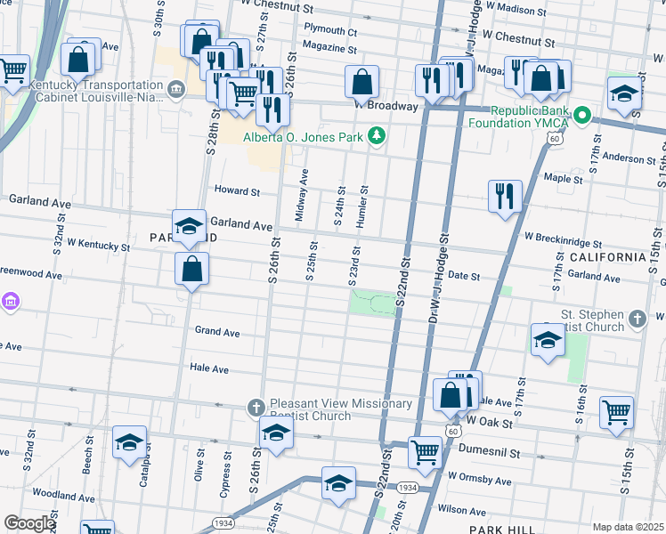 map of restaurants, bars, coffee shops, grocery stores, and more near 2314 Date Street in Louisville