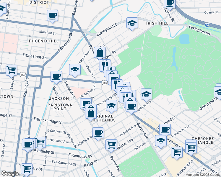 map of restaurants, bars, coffee shops, grocery stores, and more near 1507 East Breckinridge Street in Louisville