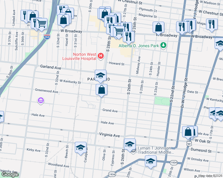 map of restaurants, bars, coffee shops, grocery stores, and more near 2710 West Kentucky Street in Louisville