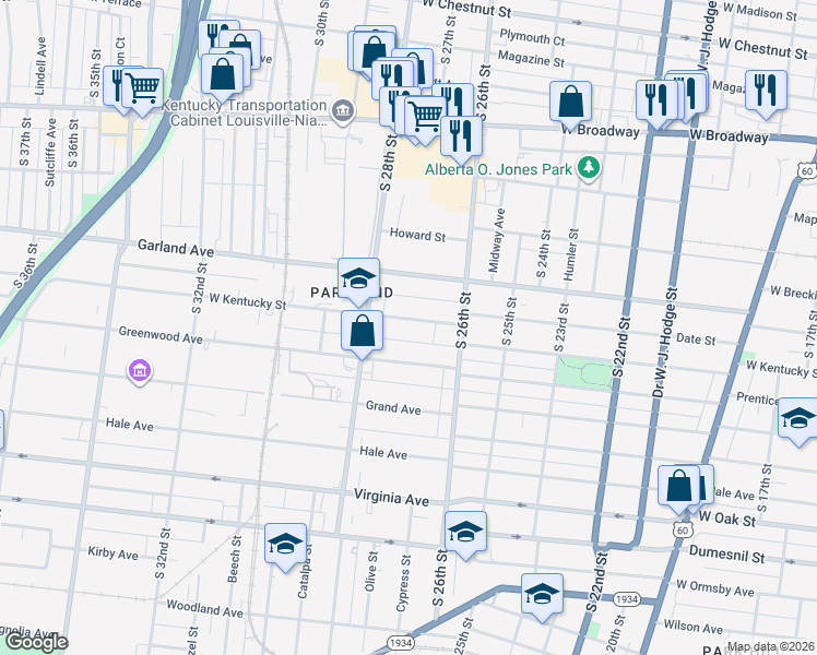 map of restaurants, bars, coffee shops, grocery stores, and more near 2702 West Kentucky Street in Louisville