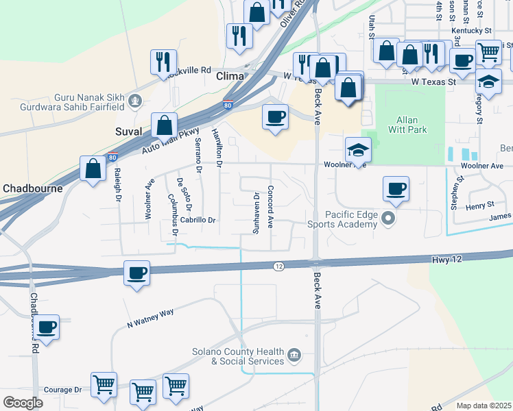 map of restaurants, bars, coffee shops, grocery stores, and more near Sunhaven Dr & Beaujolais Ct in Fairfield