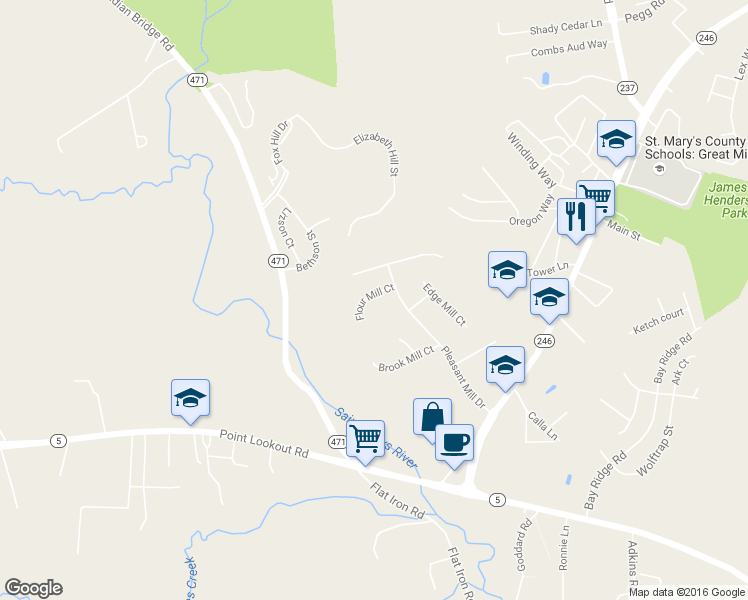 map of restaurants, bars, coffee shops, grocery stores, and more near 20828 Flour Mill Court in Great Mills