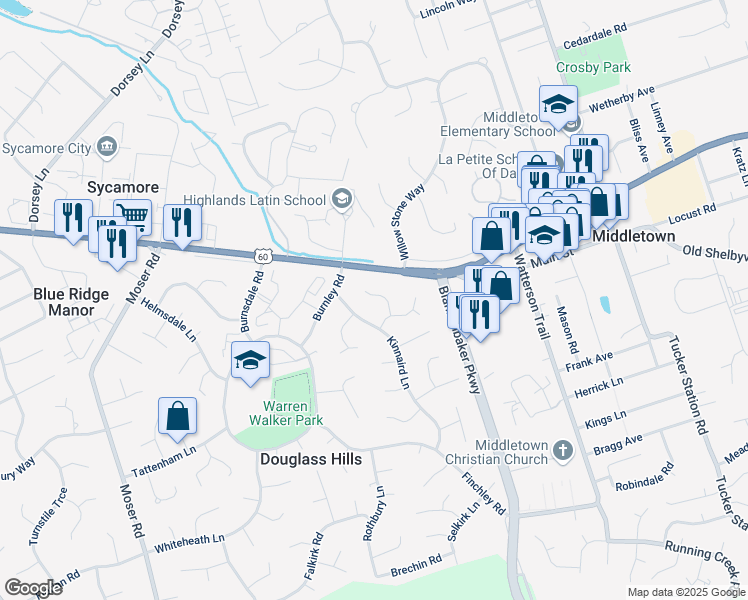map of restaurants, bars, coffee shops, grocery stores, and more near 213 Kinnaird Lane in Louisville