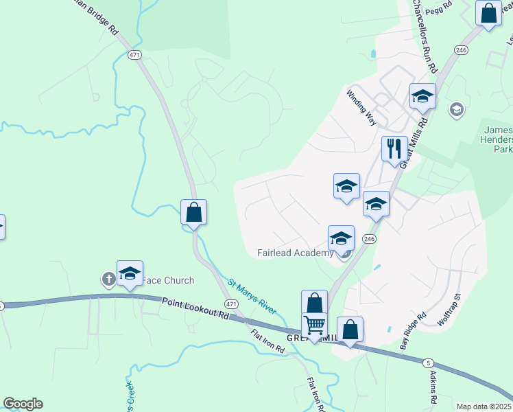 map of restaurants, bars, coffee shops, grocery stores, and more near 20828 Flour Mill Court in Great Mills