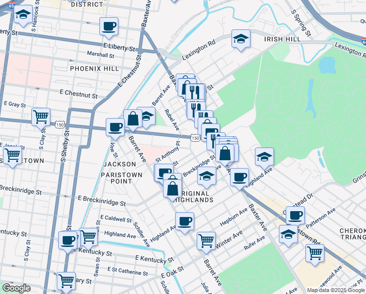 map of restaurants, bars, coffee shops, grocery stores, and more near 1419 Debarr Street in Louisville