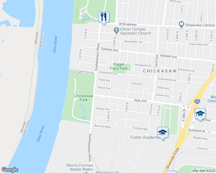 map of restaurants, bars, coffee shops, grocery stores, and more near 4503 Sunset Avenue in Louisville