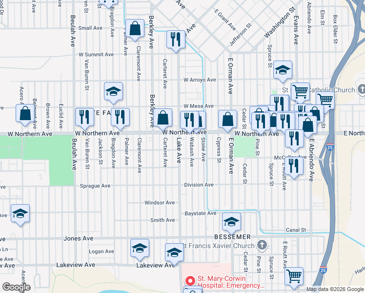map of restaurants, bars, coffee shops, grocery stores, and more near 1344 Lake Avenue in Pueblo